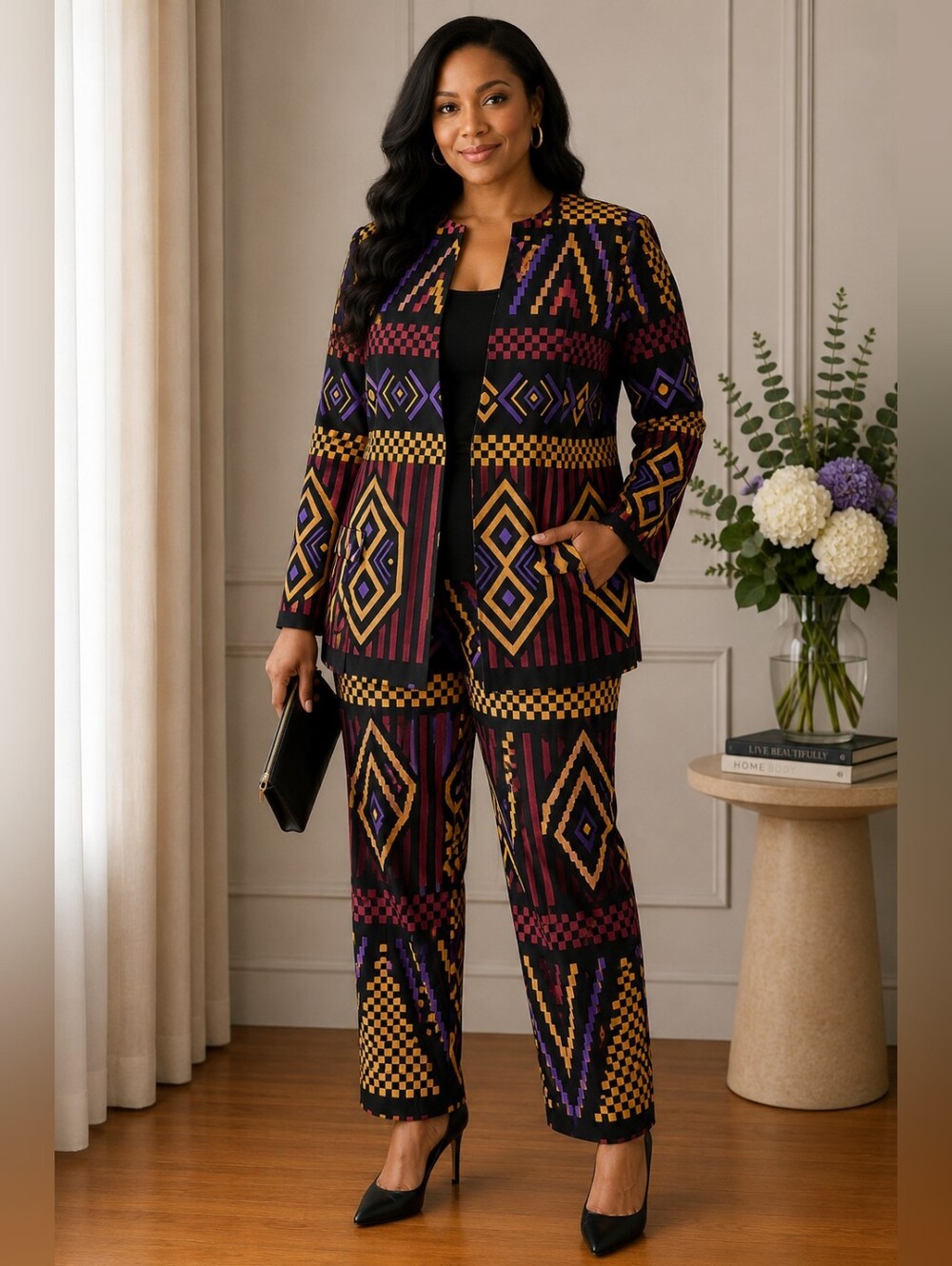D'lyanu Black Geometric Print Open-Front Blazer with Gold & Purple Accents